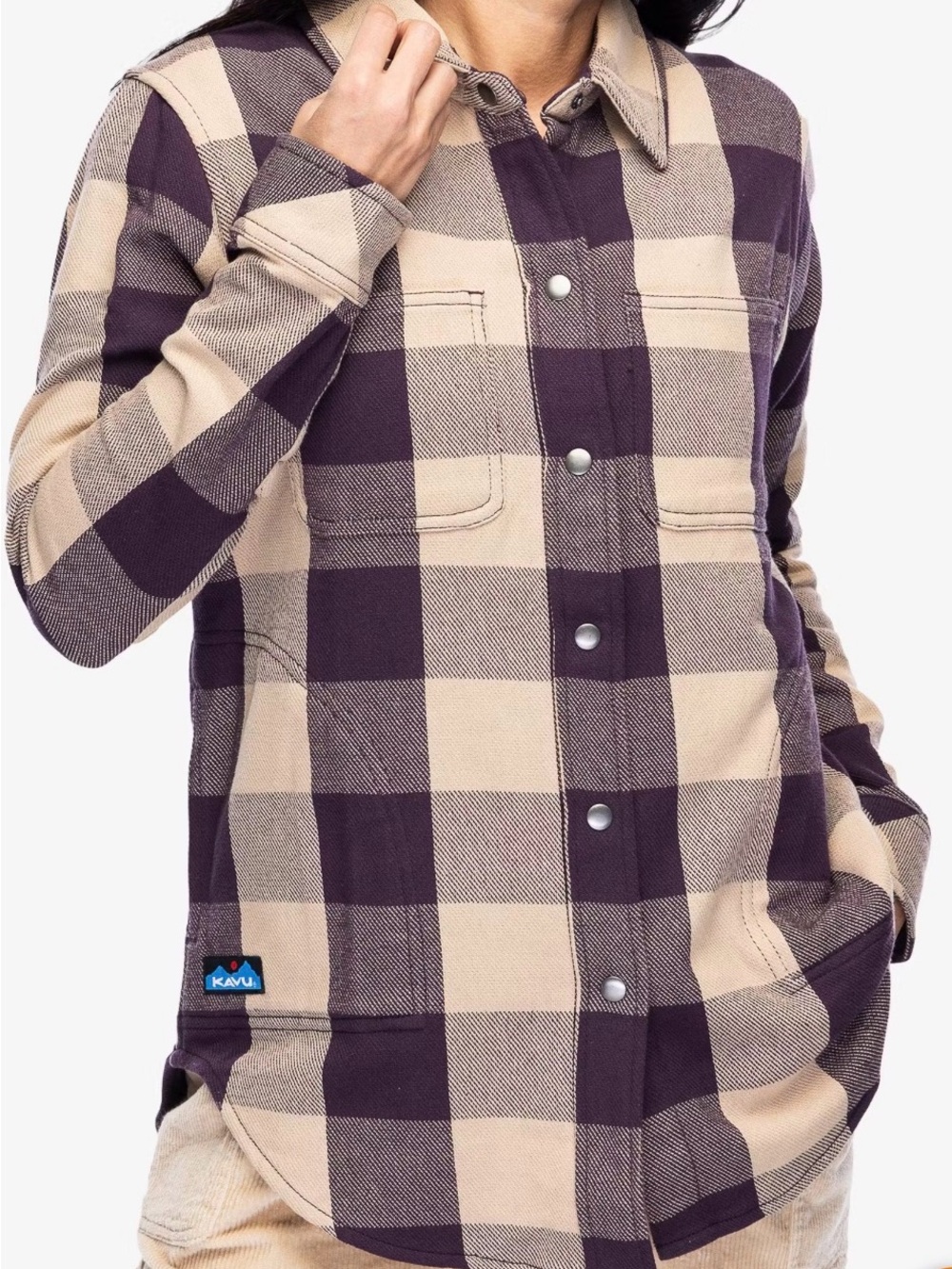 Kavu Plaid Snap-Front Shirt Jacket in Beige and Plum